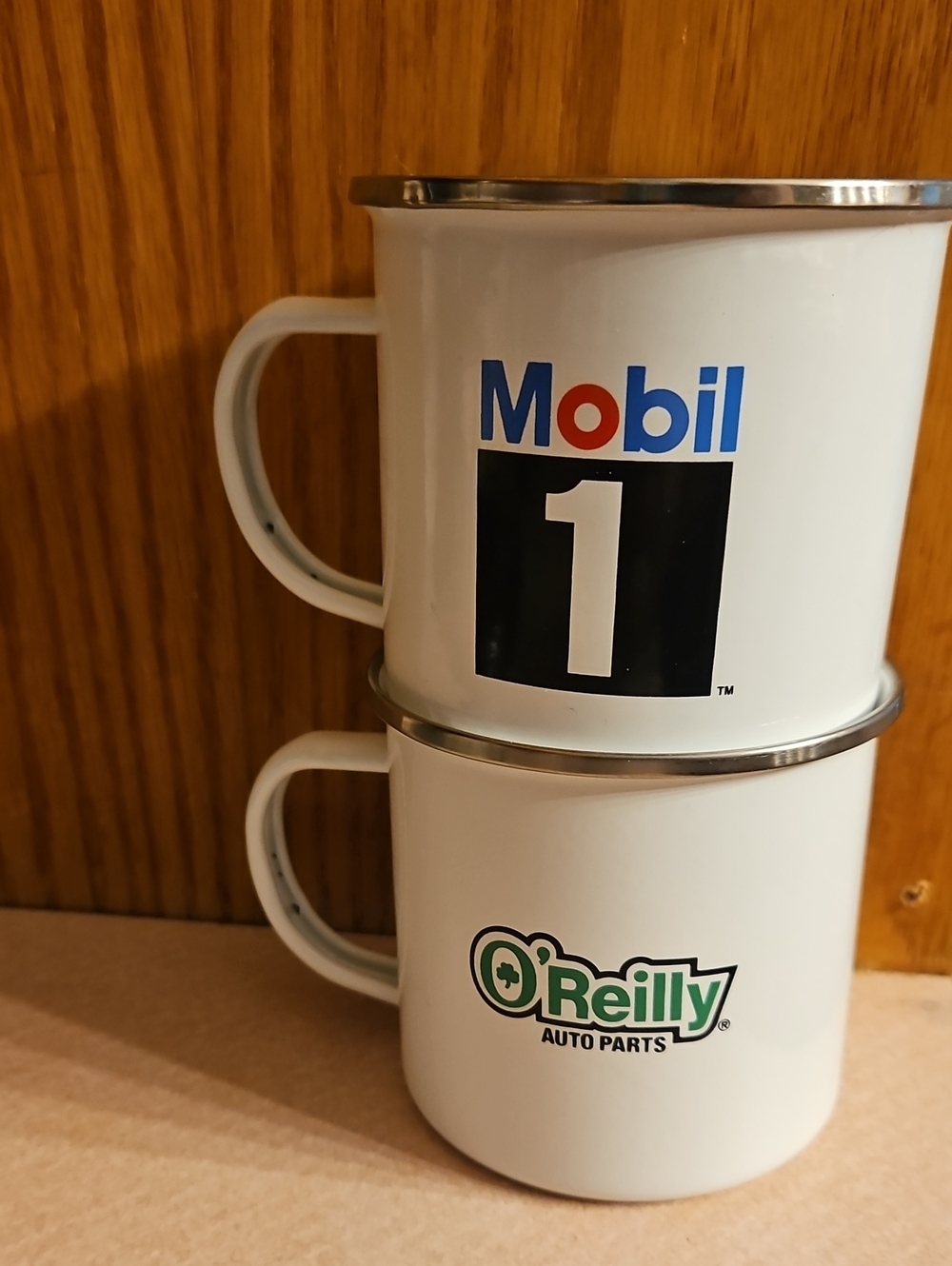 Mobil 1 and O'Reilly White Enamel Camp Mugs - Set of 2